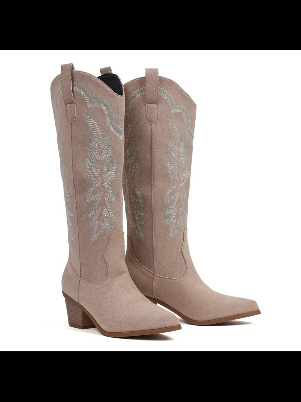 Western Knee-High Suede Boots in Taupe with Embroidered Detail